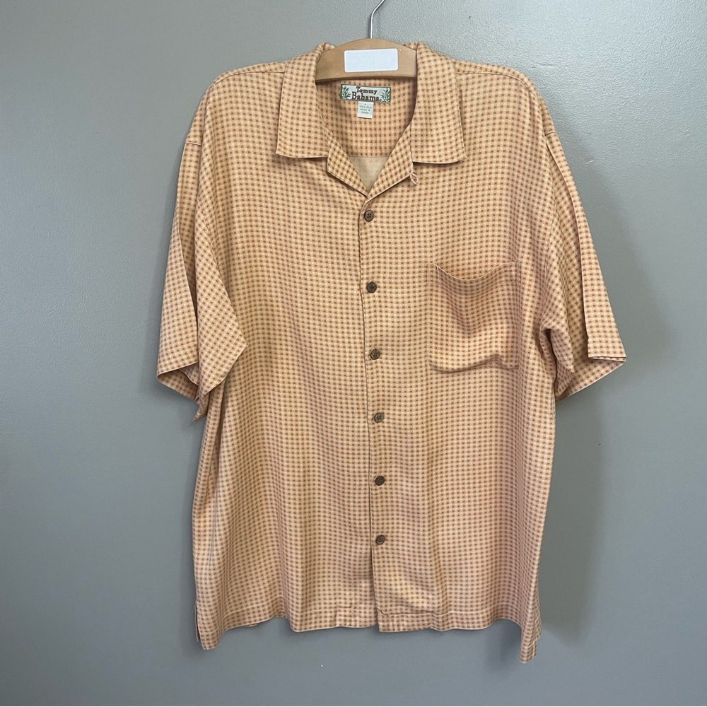 Tommy Bahama Large Vintage Silk Hawaiian Shirt check pattern burnt orangy peach